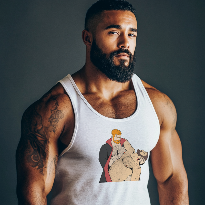 Man wearing a white tank top with a graphic design on a dark background