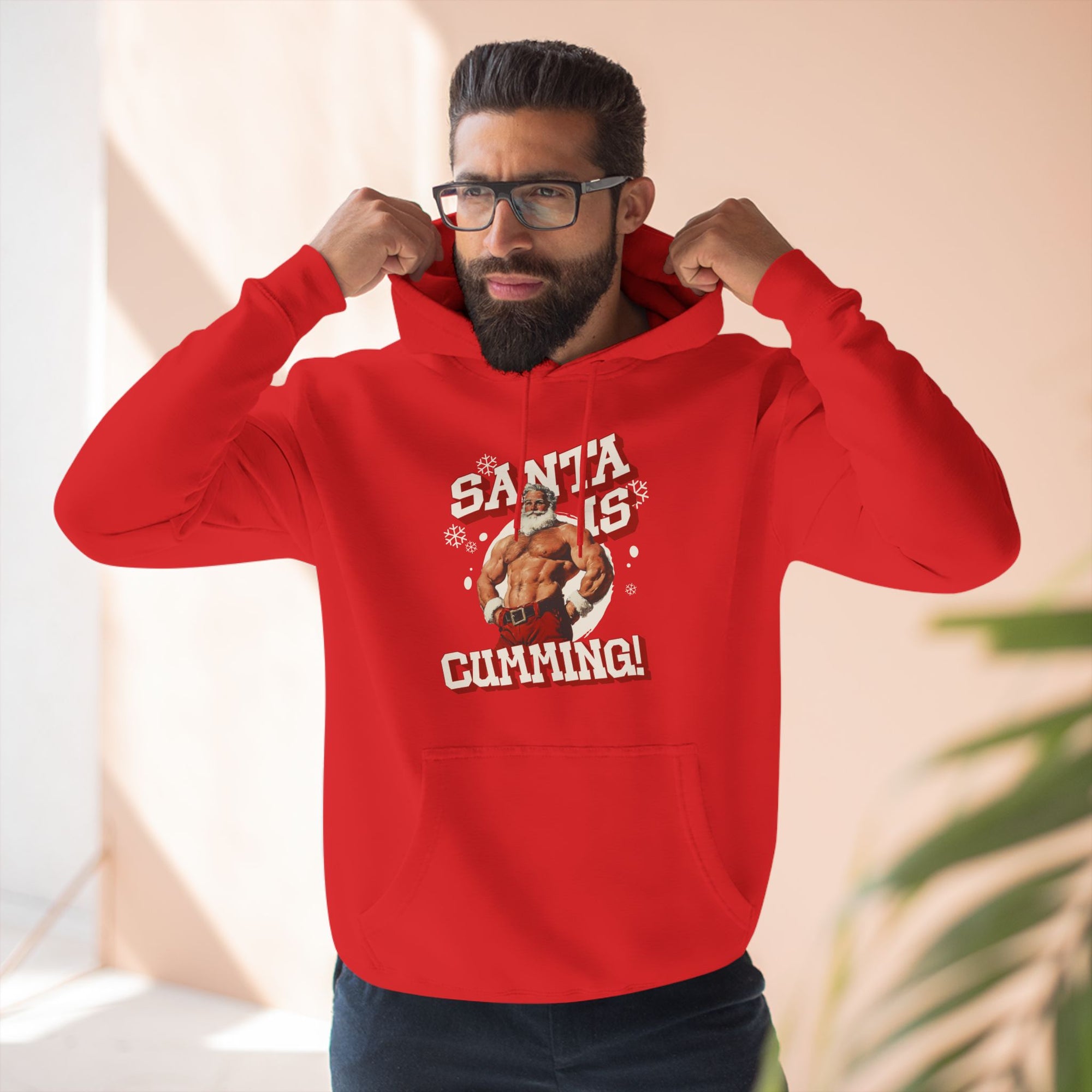 Santa Is Cumming Three-Panel Fleece Hoodie, White Edition