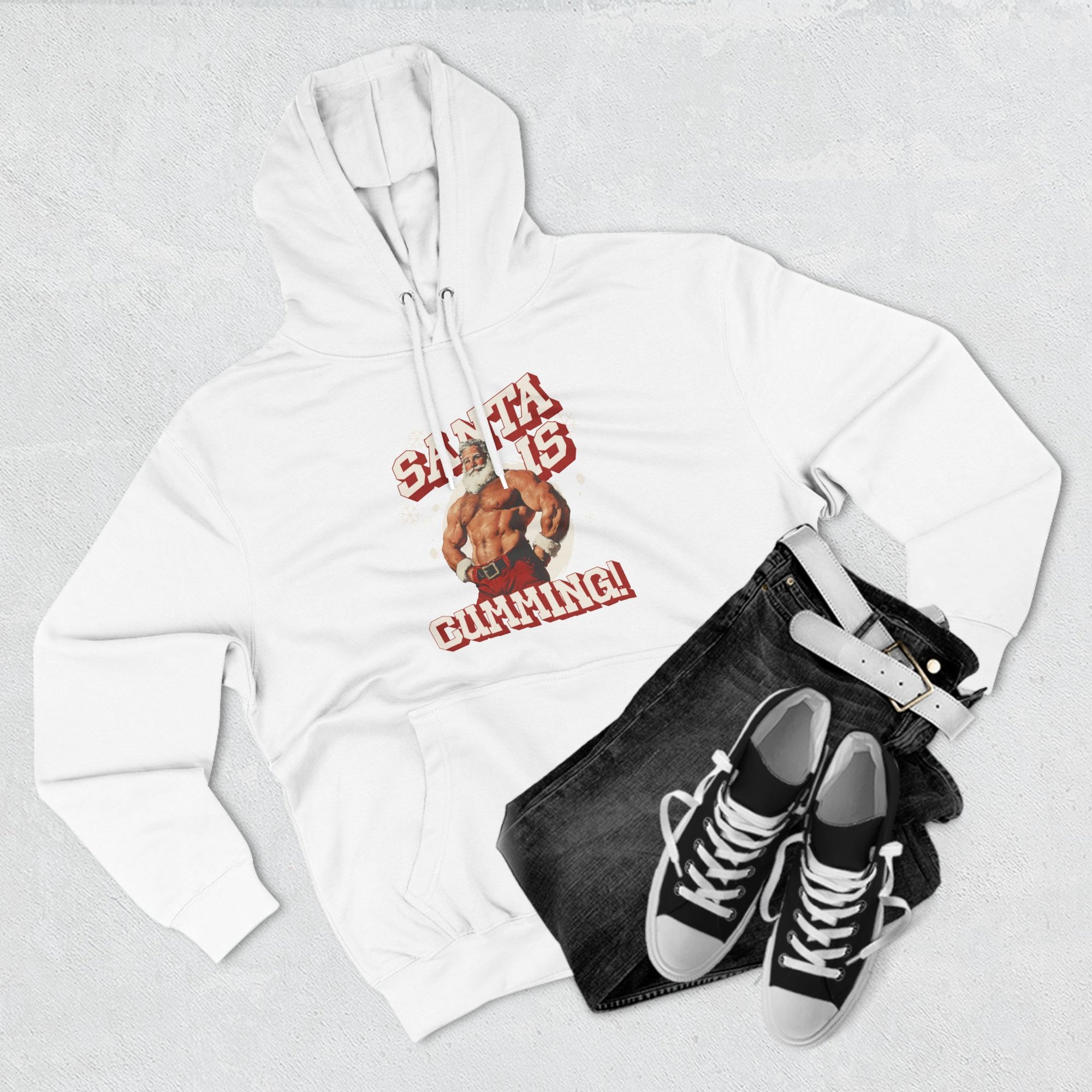 Santa Is Cumming Three-Panel Fleece Hoodie, White Edition