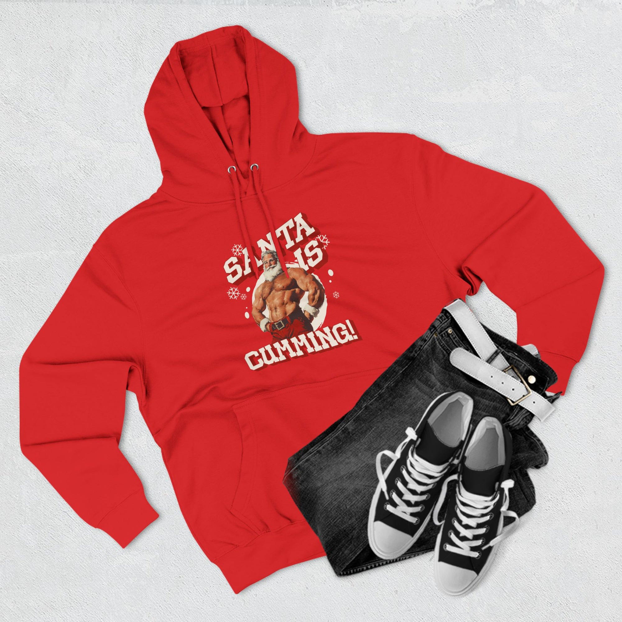 Santa Is Cumming Three-Panel Fleece Hoodie, White Edition