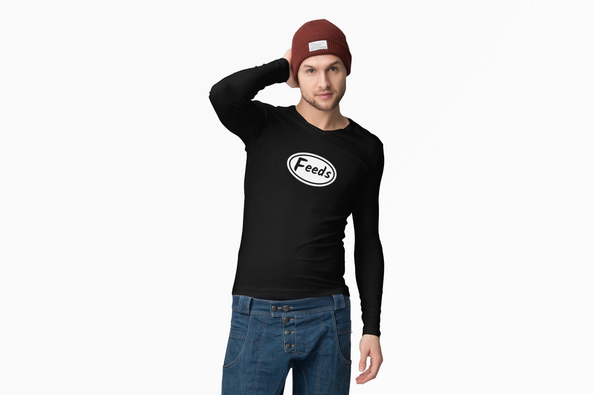 Man wearing a black long-sleeve shirt with 'Feeds' logo, blue jeans, and a red beanie on a white background