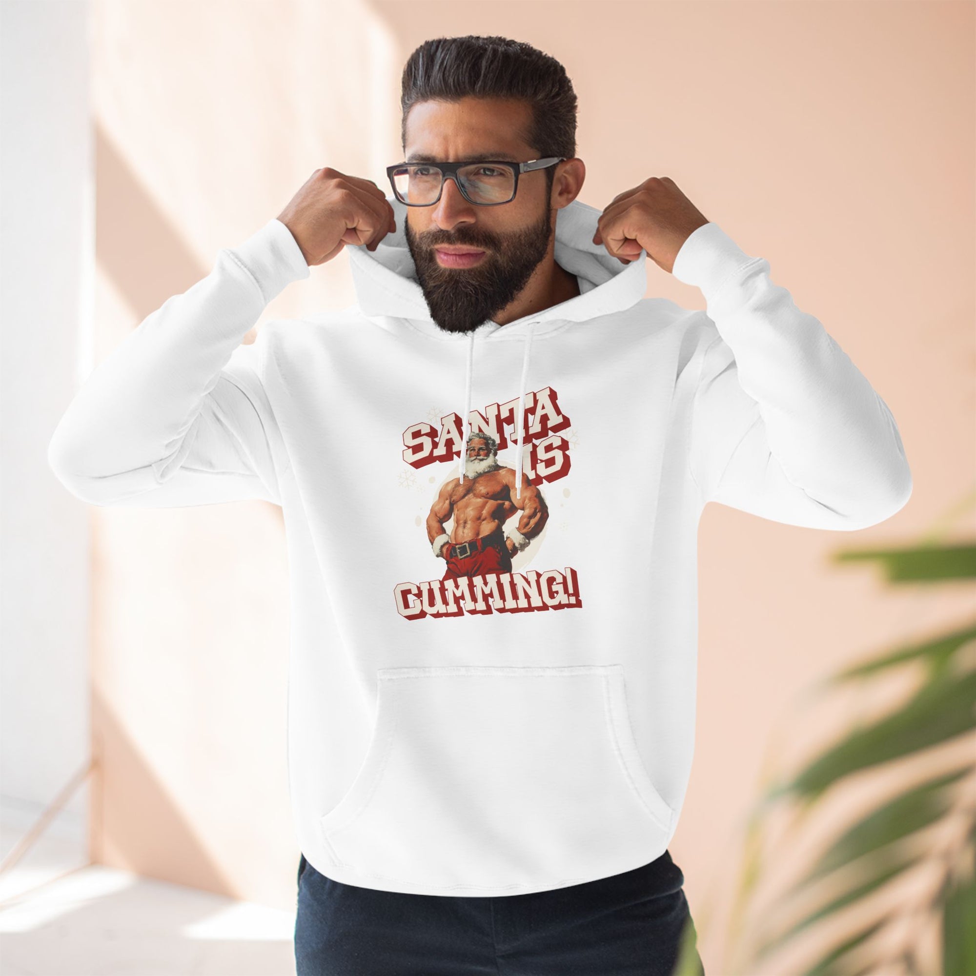 Santa Is Cumming Three-Panel Fleece Hoodie, White Edition