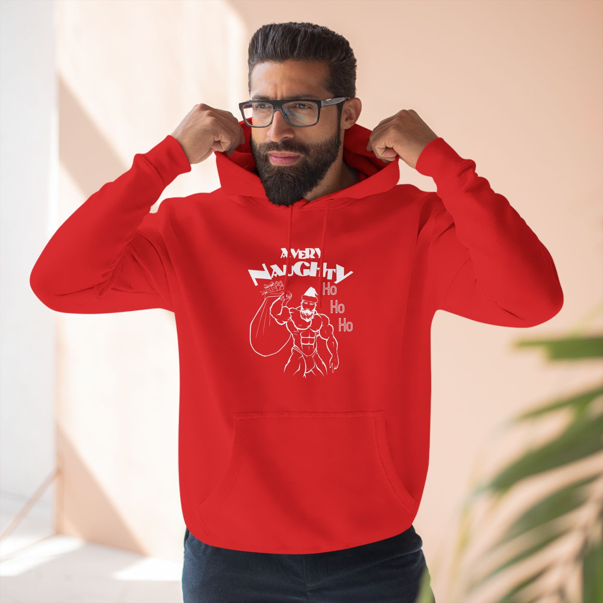 A Very Naughty Ho, Santa Muscle Bear Three-Panel Fleece Hoodie