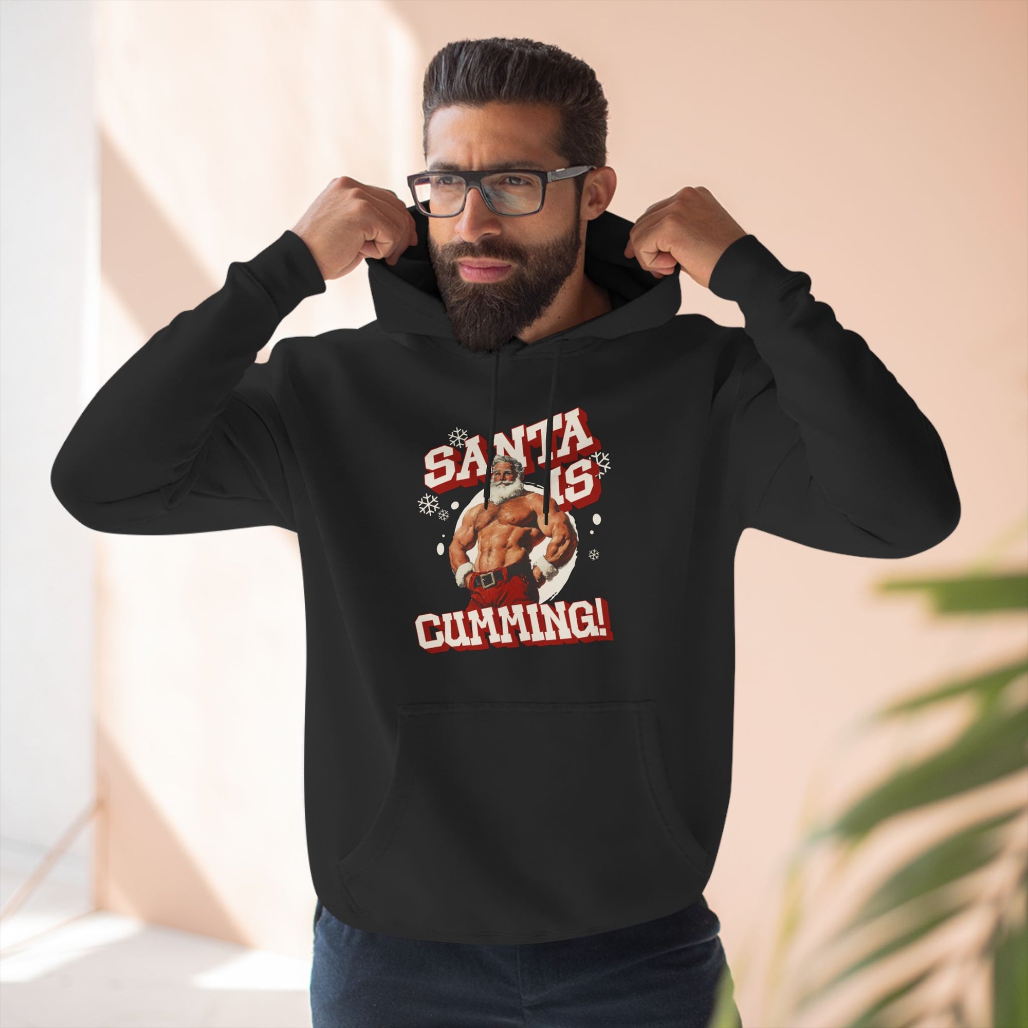 Santa Is Cumming Three-Panel Fleece Hoodie, White Edition