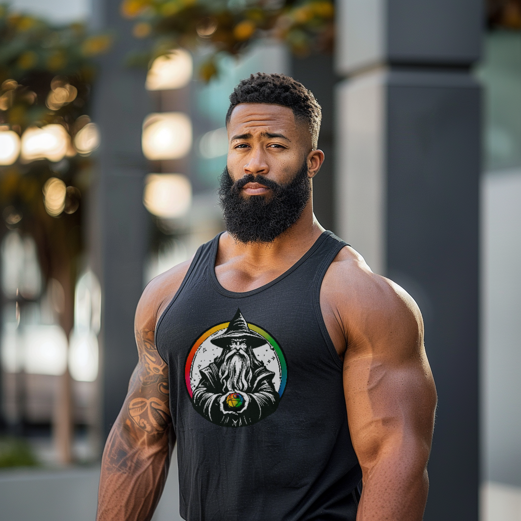 Man wearing a black tank top with a graphic design outdoors