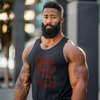 Muscular man wearing a black tank top with a red graphic design outdoors.