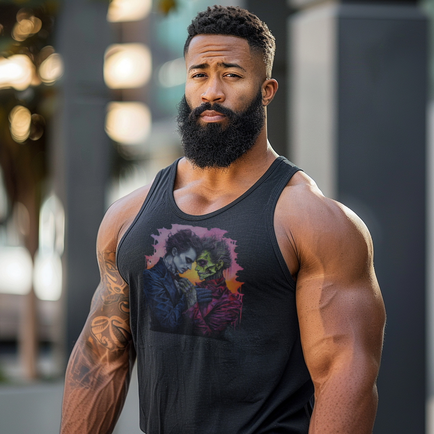 Man wearing a black tank top with a colorful graphic design outdoors