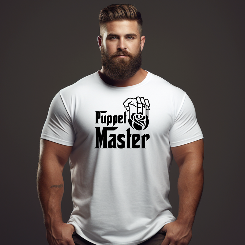 Man wearing a white t-shirt with 'Puppet Master' design on a dark background