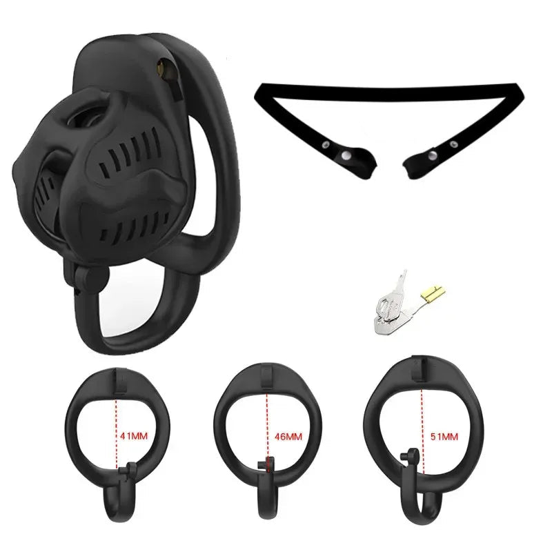 Black chastity cage with measurement details on a white background