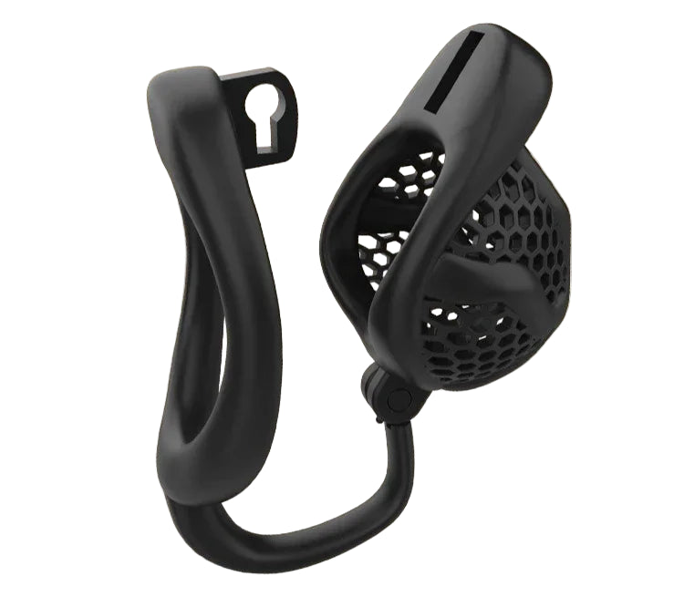 Black chastity cage with measurement details on a white background
