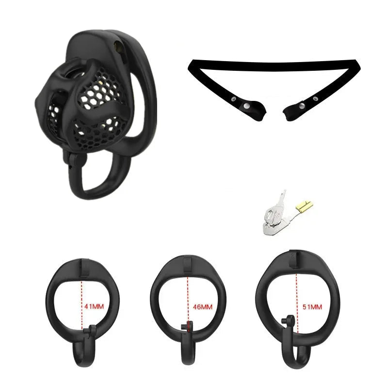 Black AND chastity cage with measurement details on a white background