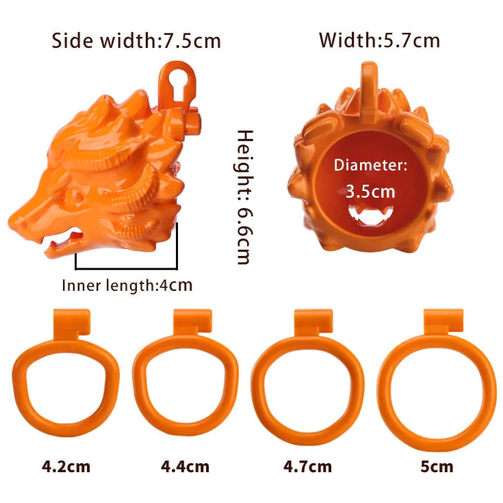 Orange retractable dinosaur chastity cage with measurements and specifications on a white background