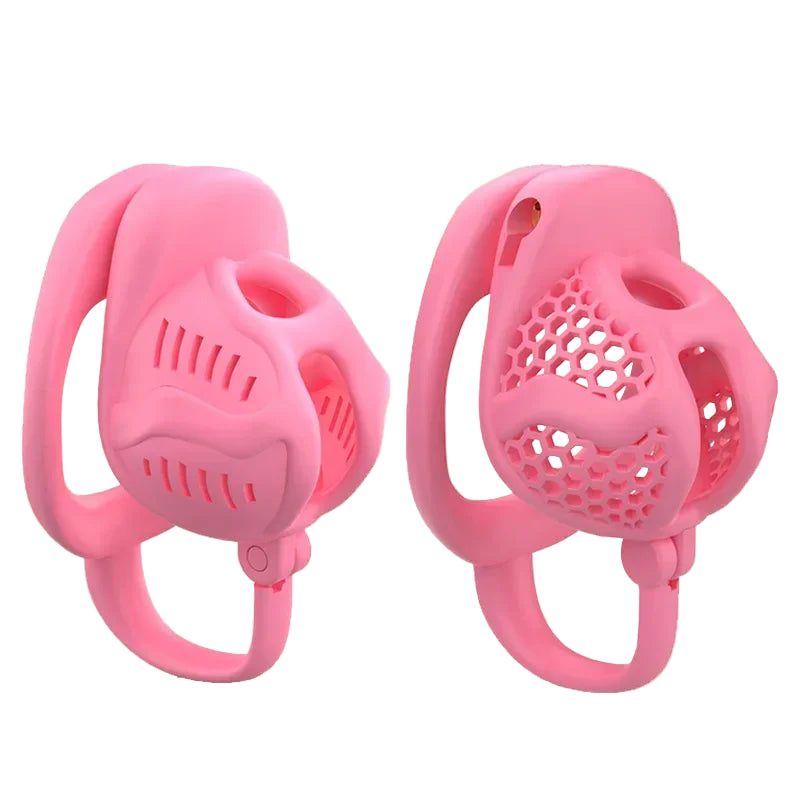 Two Pink chastity cage with measurement details on a white background