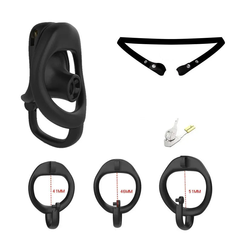 Black chastity cage with measurement details on a white background