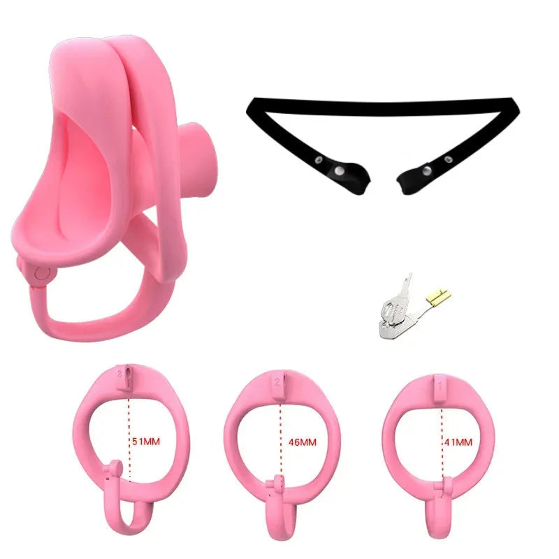 Pink chastity cage with measurement details on a white background