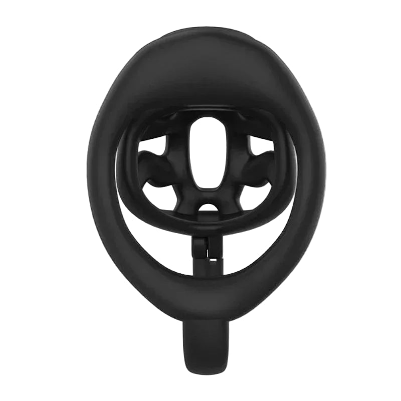 Black chastity cage with measurement details on a white background