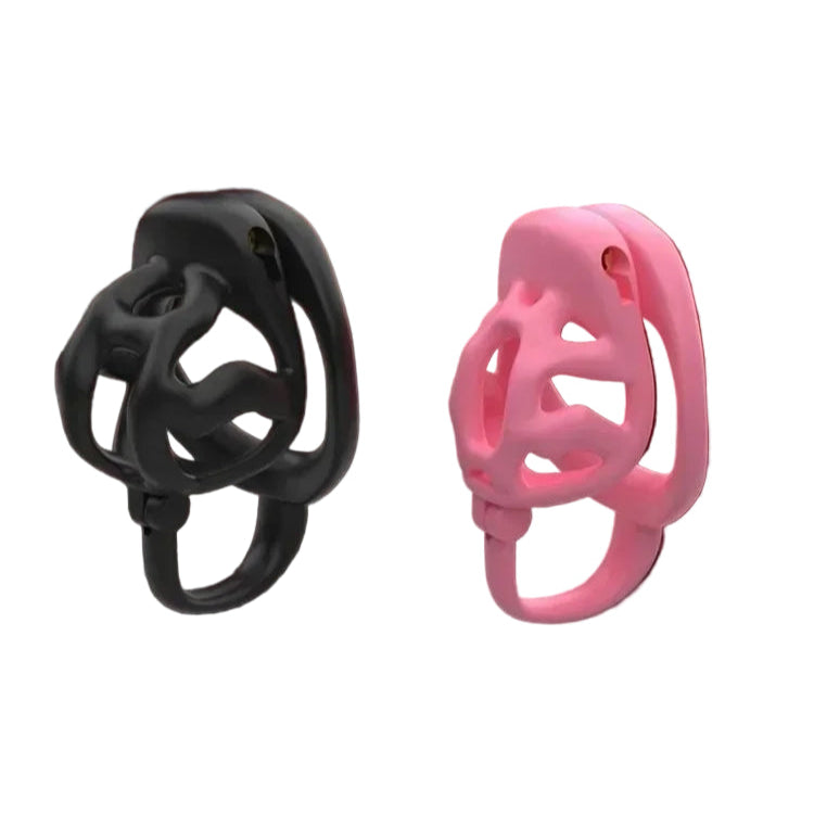 Pink and Black chastity cages with measurement details on a white background