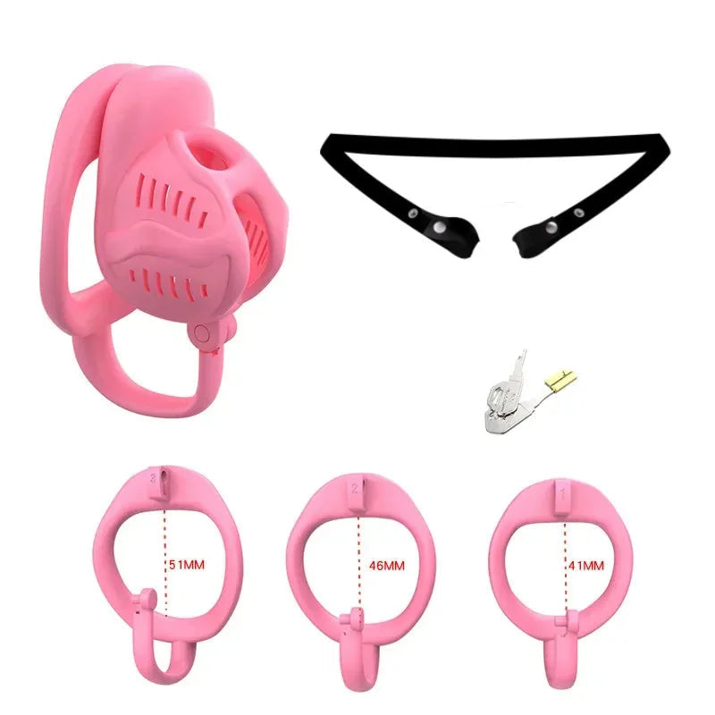 Pink chastity cage with measurement details on a white background