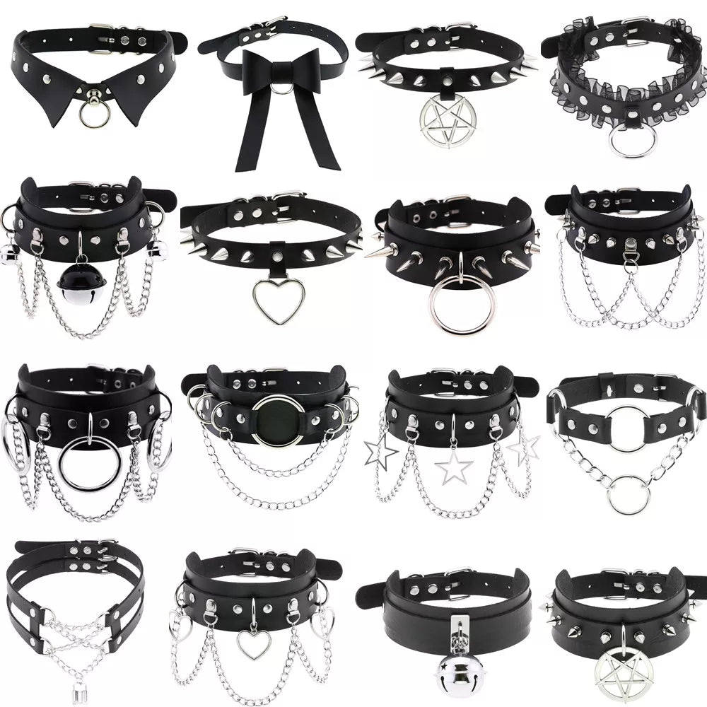 Spike Punk Goth Collar Necklace Leather Chockers Bondage Cosplay Round  Collars