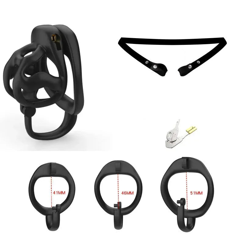 Black chastity cage with measurement details on a white background
