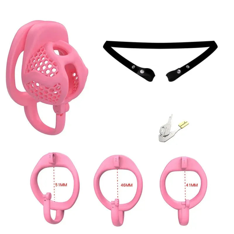 Pink chastity cage with measurement details on a white background