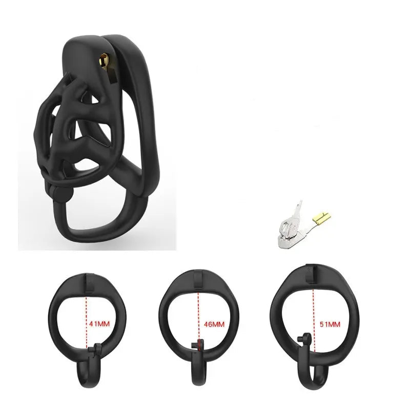 Black AND chastity cage with measurement details on a white background