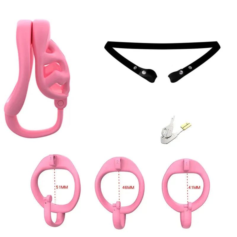 Pink chastity cage with measurement details on a white background