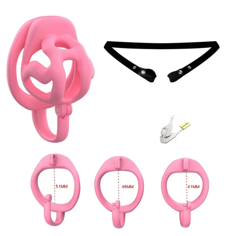 Pink chastity cage with measurement details on a white background